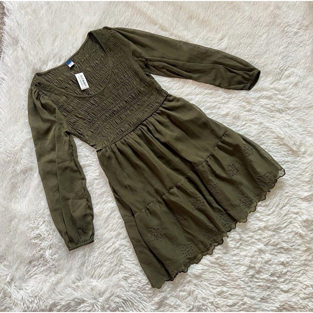 Old Navy Women's Green Smocked Scoop Neck Puff Sleeve Mini Dress Size S
